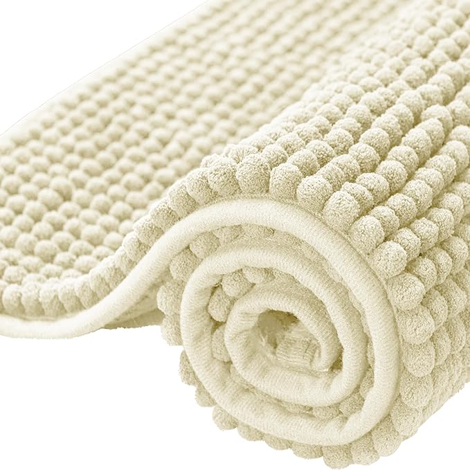 Bath Mat Non Slip Anti Mould 40 x 60 cm – Cream Chenille Bathroom Mat Extra Soft & Fluffy Bathmat Machine Washable Super Water Absorption Shower Mat