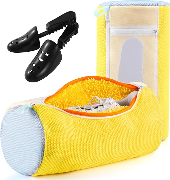 Shoe Washing Machine Bag 2 Pack, 360° Wrap-Around Cleaning Trainers Laundry Bags With Mesh Pockets 3 In 1 Clean, Reusable Sneaker Washing Bag With Shoe Trees, Hidden Zipper, Yellow