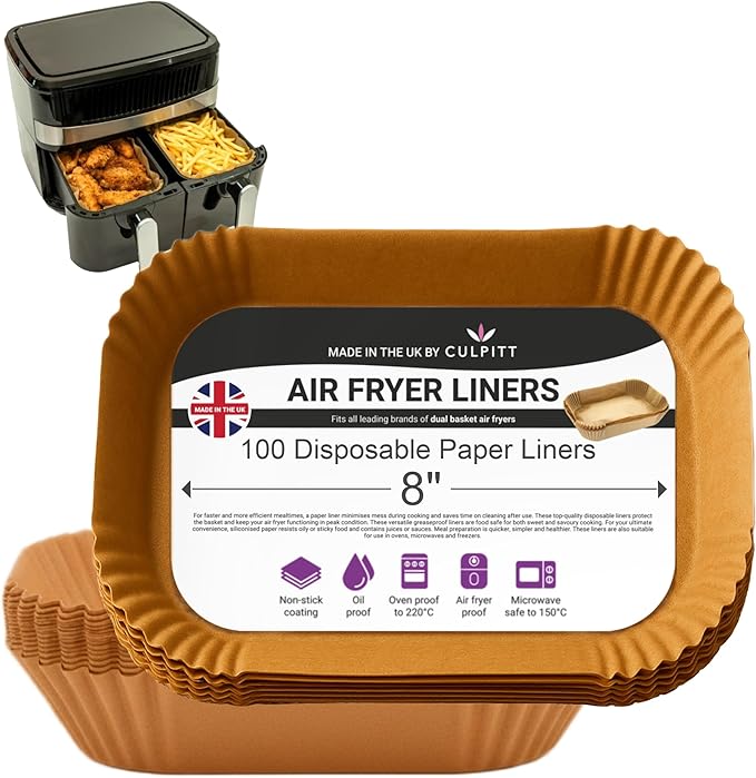 Culpitt Air Fryer Liners for Ninja Dual | 100 | Non-Stick Disposable Liners, Designed for Ninja, Tefal, Tower, Salter | 200mm x 130mm | Made in The UK | 100 Pack