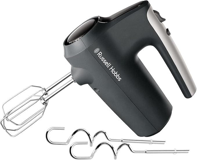 Russell Hobbs Hand Mixer (Electric whisk for baking, 5 Speeds + Turbo Mode, Dishwasher safe chrome beaters & dough hooks, Bowl & heel rest feature, 350W peak power) Desire Matte Charcoal 27151