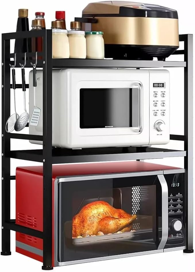Multibao Expandable Microwave Rack Shelf, 3 Tier oven Rack Stand Storage Holder Kitchen Corner Shelf Desktop Printer Shelf Rack, Bakers Rack (Black)
