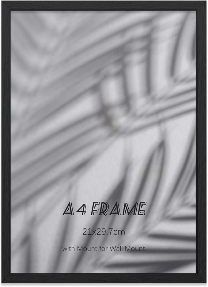 A4 Frame, 1 Pack Wooden A4 Picture Frames, Black A4 Frames, 21 x 29.7cm, with Plexiglass, Wall Hooks, Stand and Mat, for Tabletop or Wall Hanging, Black
