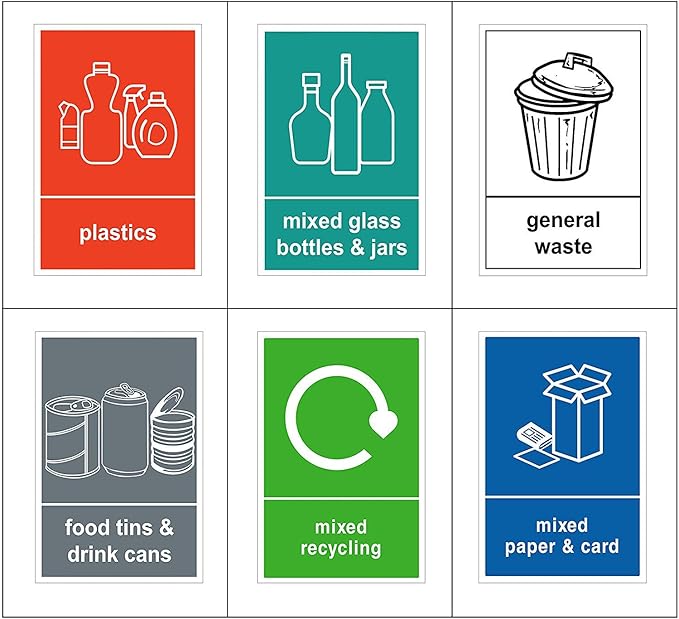 Mixed Pack of 6 Multi Recycling Stickers for Bin (A6-100 x 150mm) Waterproof Recycling Bin Stickers Waste Bins, Food, Plastics, Mixed Paper and Card, Glass and General Waste Sara Prints®