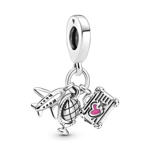 Silver Airplane Globe & Suitcase Dangle Charm Fits Pandora Bracelet And Other Bracelets