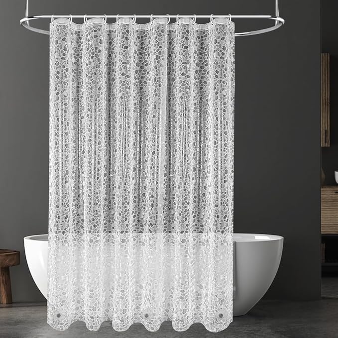 URAQT Shower Curtain Anti Mould, Waterproof PEVA Bath Curtains, Mildew Resistant Bathroom Shower Curtains with 12 Hooks, 3D Clear Bathtub Curtains for Bath Tub Shower Stall, 180 x 180 cm, Gravel