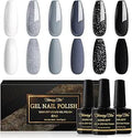 Shining She Nail Polishes Set, 6 Colours White Glitter Grey Black Gel Polish Set Soak-Off UV/LED Nail Polish Gel for Nail Art Salon DIY Home, 8ML