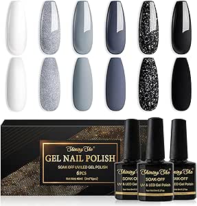 Shining She Nail Polishes Set, 6 Colours White Glitter Grey Black Gel Polish Set Soak-Off UV/LED Nail Polish Gel for Nail Art Salon DIY Home, 8ML