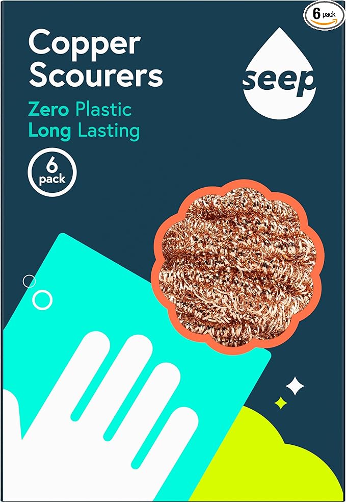 Seep Recyclable Wire Metal Copper Scourer Pads 6 Pack - Spiral 100% Copper Scourer - Long Lasting Pan Scourers For Cleaning - Heavy Duty Scrubber