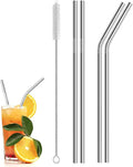 4 x Metal Stainless Steel Reusable Drinking Straws Eco Friendly + Cleaning Brush Party Summer Use Birthday Smoothie Milk Shake Water Juice Silver Bent & Straight Straws UK Free P&P