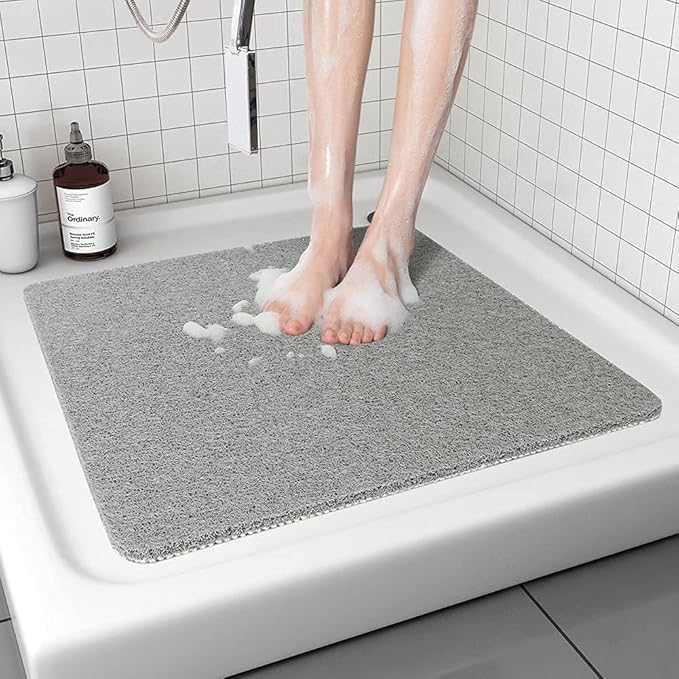 Corner Shower Mat, Non Slip Anti Mould Bath Mat 80 x 80 cm, Loofah Shower Mats for Inside Shower, Sector Bath Mats with Drain, Washable, Quick Dry Bath Mat for Bathroom Floor, Elderly (Grey)