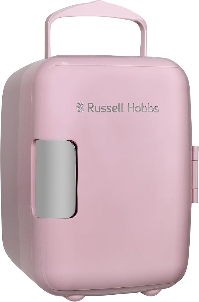 Russell Hobbs 4L/6 Can Portable Mini Cooler & Warmer for Drinks, Cosmetics/Makeup/Skincare, AC/DC Power, Retro Style, Pink, For Bedroom, Home, Caravan, Car RH4CLR1001P
