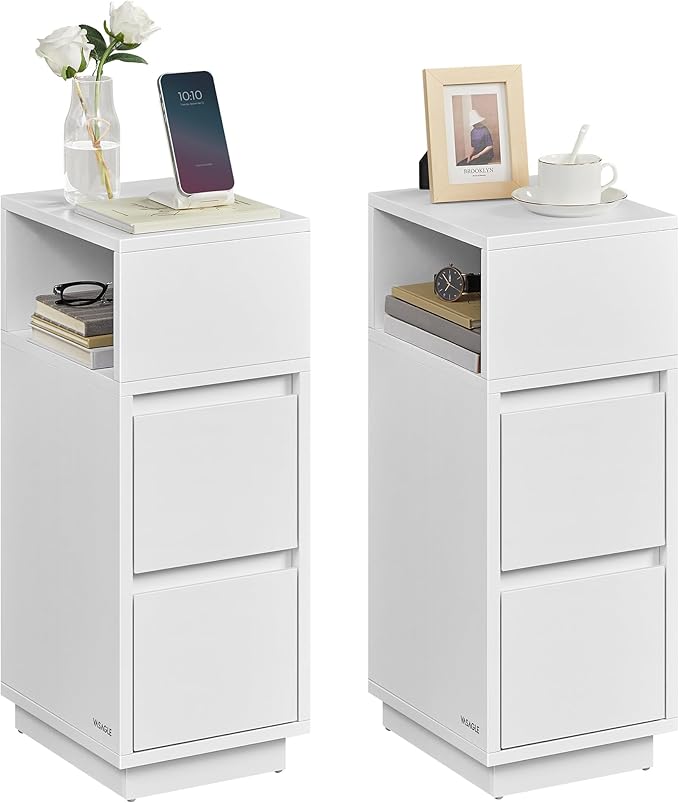 VASAGLE KAILYN Collection - Slim Bedside Tables, Set of 2 Small Narrow Side End Tables with Drawers, Flexible Open Compartment, for Bedroom, Living Room, Cloud White LET856W01