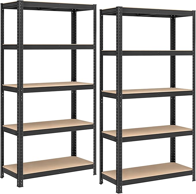SONGMICS GLR040B02 Set of 2 Heavy Duty Shelving Units, Steel Shelving Unit, 5 Shelves, Screwless for Garage, Warehouse, Utility Room, Load Capacity 875 kg, 40 x 90 x 180 cm, Black