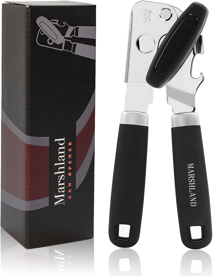 Marshland Tin Opener UK - Stainless Steel Soft Handled Manual-Magnetic Heavy Duty Can Opener That Works for Arthritis Hands – Black