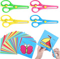 4 Pcs Kids Scissors with 93 Colorful Animal Paper-Cuts, Childrens Safety Stainless Steel Scissors Safety Edge Plus Stretch Design Right/Left Handed