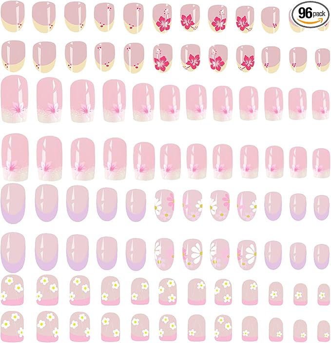96 PCS False Nails, Waterproof Durable Press on Nails for Kids, Flower Fake Nail Stickers, Self Adhesive Nail Art Kit for Parties, Halloween, Daily Wear