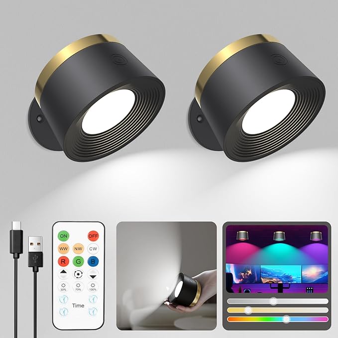 Battery Operated Wall Lights 2 Pack, LED Rechargeable Wall Lights Indoor, 3500mAh Magnetic Wall Lamp with Remote, 3 Color Temperatures & 13 RGB & Dimmable 360° Free Rotation Wall Sconces[Energy Class A]