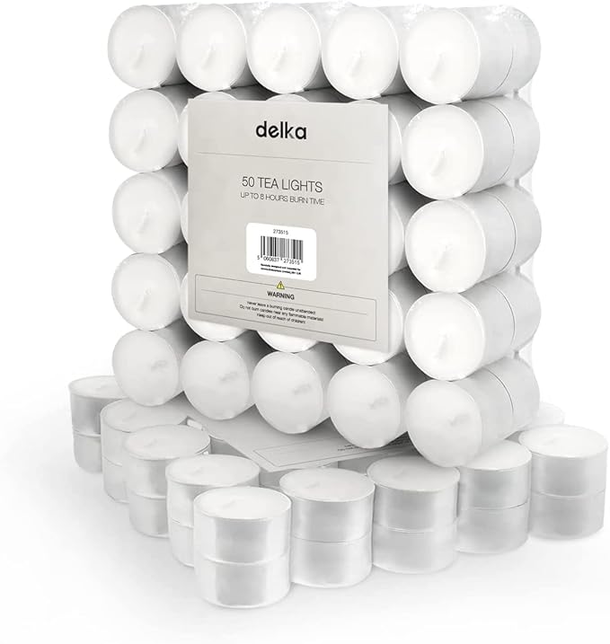 delka Unscented Tea Lights White- Long-Lasting 8 Hour Burn Time-Smoke-Free Bright Flame -Ideal for Weddings, Events, Aromatherapy, Home Décor, and Emergency Use-Premium Quality (White, Pack of 50)[Energy Class A+]