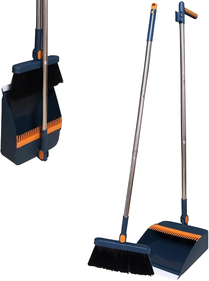 MTCIKNXA long handle dustpan and brush set, windproof vertical extension pole handle rotatable broom set dustpan set (blue)