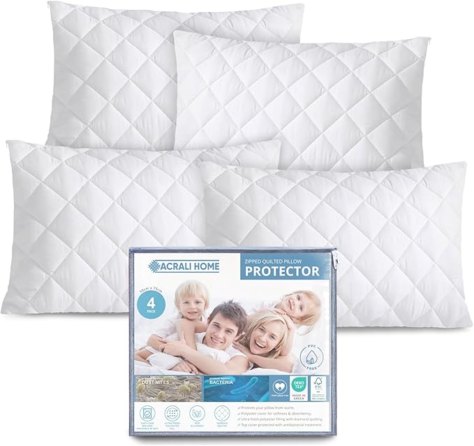 ACRALI HOME Quilted Pillow Protectors 4 Pack Zipped - 50x75 cm Microfiber Pillowcase Protectors Hypoallergenic Zipped Pillow Protectors, Soft Breathable Luxurious Pillow Cover for Comfy Sleep