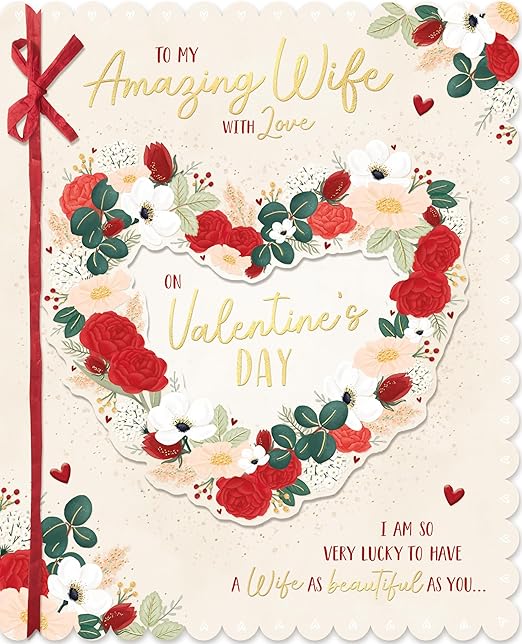 Wishing Well Luxury Boxed Hand-Finished Valentine's Day Card 'To my Amazing Wife' With Ribbon And Gold Foil Highlights Studios. Size 8 x 10 inches