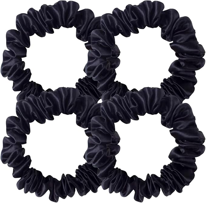 DMQ Satin Elastic Bands Scrunchies, Skinny Hair Bobbles, Black Hair Elastics Traceless Anti-Frizz Hair Tie ponytail Holders Girls Kids Adult Use (4pcs)