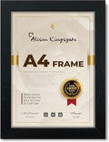 Alison Kingsgate Premium Picture Frame - A4 Size 29.7x21cm, Black with Clear Perspex Sheet & Wall Mounted Hook