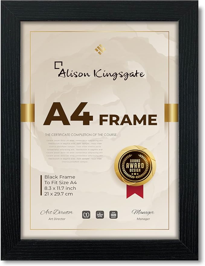 Alison Kingsgate Premium Picture Frame - A4 Size 29.7x21cm, Black with Clear Perspex Sheet & Wall Mounted Hook