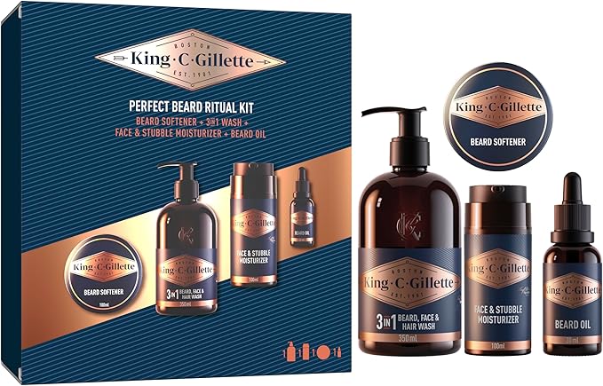King C. Gillette Men's Beard Grooming Gift Set, 3-in-1 Beard, Face & Hair Wash 350ml, Beard Softener, Face & Stubble Moisturiser, Complete Beard Care Kit with Sandalwood & Cedar Scent - Gift for Men
