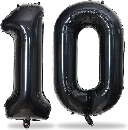 Black Number 10 Balloons for 10th Birthday Decorations, 3pc 40 Inch Black Helium Mylar Foil Number 1 & 0 Balloons for Boys, Girls, Unisex, Children