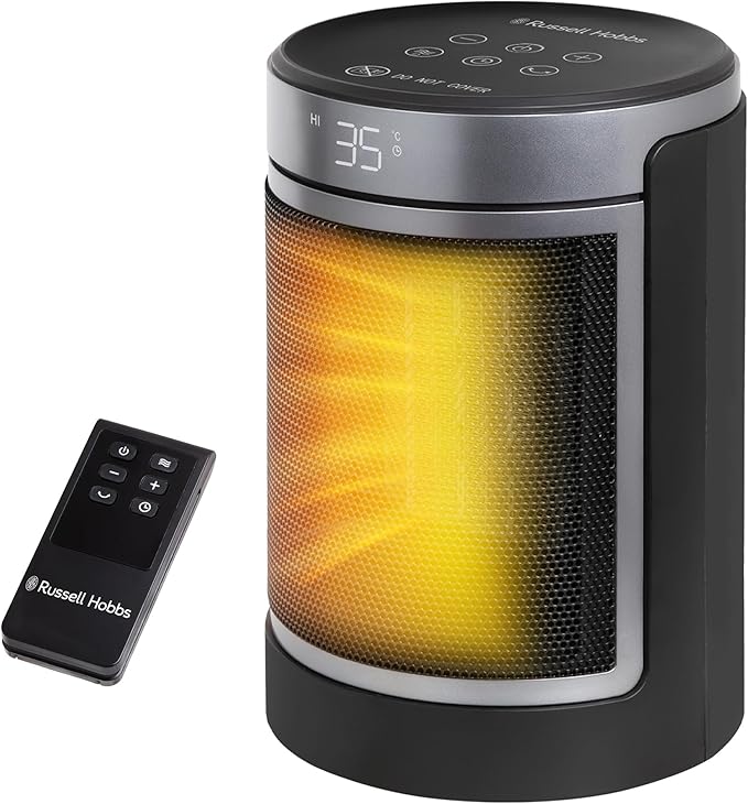 Russell Hobbs Space Heater in Black & Silver 1500W Silent Portable Oscillating Ceramic Round Electric Heater, Low Energy Digital Display, 4 Modes, 24hr Auto Timer, Overheat Protection, RHCH2002S