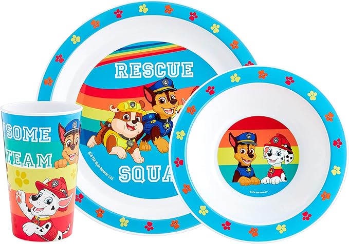 PAW Patrol Kids Tableware Set – 3 Piece Reusable PP Plate, Bowl & Cup Set for Children – Skye, Chase, Marshall, Rubble Tumbler & Dinnerware Set for Mealtimes – for 36+ Months & Up