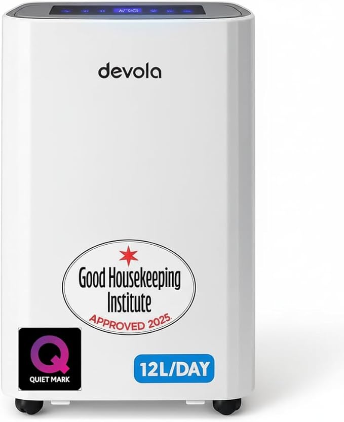 Devola 12L Dehumidifier & HEPA H13 Air Purifier- Quiet & Energy Efficient (costs less than 5p per hour) Dehumidifiers for Home, Laundry Drying Mode, Continuous drainage (DVH12L)