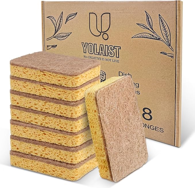 8 Pack Eco Sponge Washing up Compostable Kitchen Dish Sponge Biodegradable Washing Up Scrubber Sponges for Dishes with Heavy Duty Scouring Pad