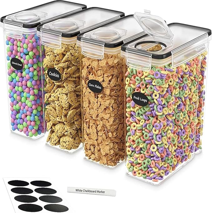 4L Cereal Storage Containers – Airtight Flip-Top Lids, BPA-Free, Clear Plastic with Labels for Easy Organization– Kitchen Pantry Organiser – Ideal for Cereal, Cornflakes, and Dry Foods (4)
