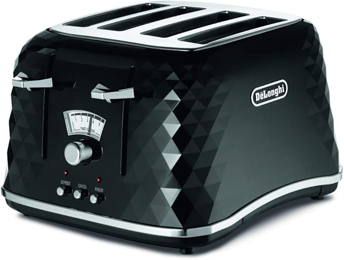 De'Longhi Brilliante 4-slot toaster, reheat, defrost and 6 browning settings, removable crumb tray, CTJ4003BK, Black