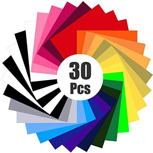Whaline 30 Pcs Colorful HTV Vinyl Bundle - Permanent Adhesive 12x8 Inches Backed Vinyl Sheets for DIY T-Shirts, Hats, Bags