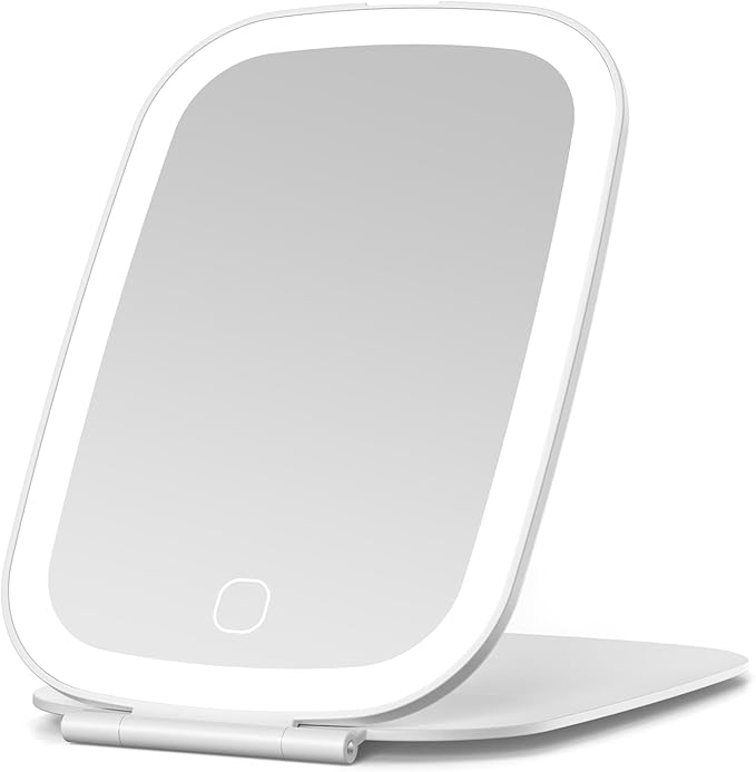 Rechargeable Travel Makeup Mirror with LED Lights, Portable Folding Light up Mirror, 3 Color Lighting, Touch Screen, Ultra Thin, 7.5 inch