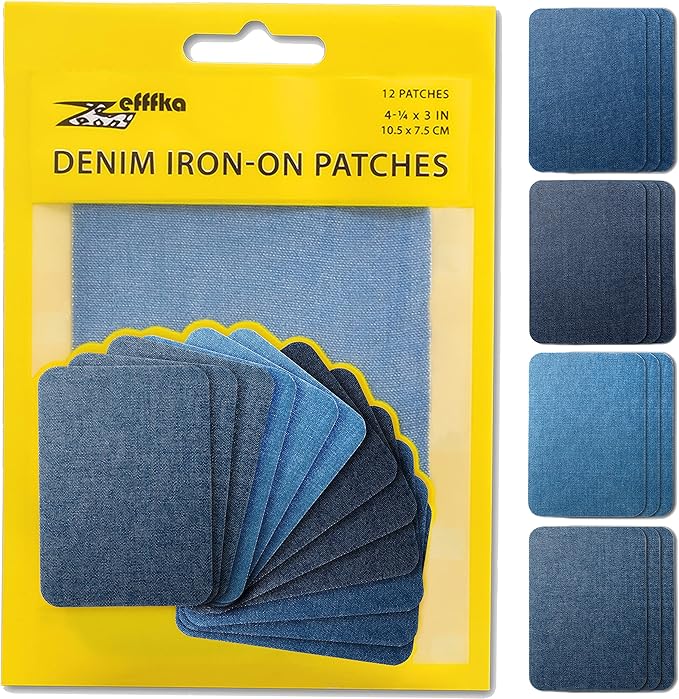 ZEFFFKA Denim Iron-on Jean Patches Inside & Outside Strongest Glue 100% Cotton Assorted Shades of Blue Repair Decorating Kit 12 Pieces Size 3" by 4-1/4" (7.5 cm x 10.5 cm)