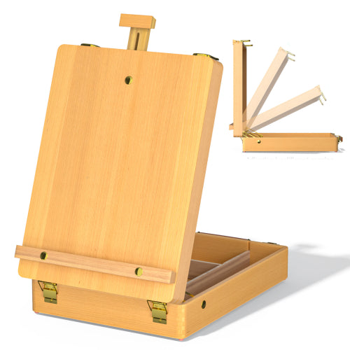 Wooden Table Sketch Box Easel Beechwood Portable Studio with 4 Compartments, Adjustable Height, Holds 56cm Canvas, Leather Handle