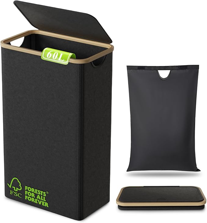 60L Slim Collapsible Laundry Baskets with Lid, Tall Narrow Foldable Washing Basket for Laundry, Folding Small Slimline Laundry Hamper for Dirty Clothes, Bamboo Cloth Wash Storage Basket (Black)