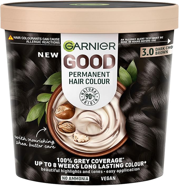 Garnier GOOD Permanent Hair Dye, 3.0 Dark Chocolate Brown. Provides 100% grey coverage and 8-week colour. No ammonia, vegan shea butter formula for rich, deep tones on all hair types.