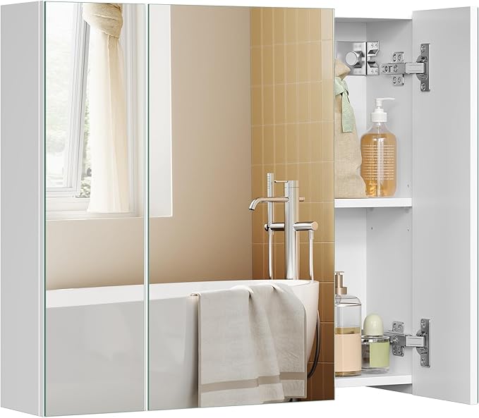 VASAGLE BBK22WT Bathroom Wall Cabinet with Mirror, 3 Door Storage Unit, 60 x 15 x 55 cm, with Adjustable Shelf, Modern, White BBK22WT
