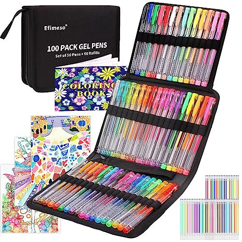 Efimeso 100 Pack Gel Pens Set 50 Glitter Gel Pens with 50 Refills in Zipper Case for Adult Colouring Books and Kids Writing Drawing with Glitter