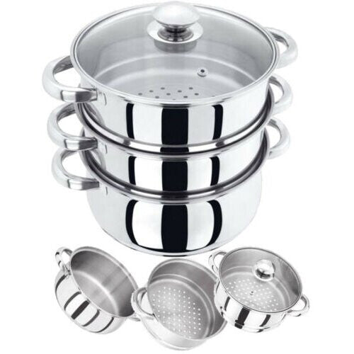 3-TIER- 22CM INDUCTION HOB STAINLESS STEEL STEAMER POT PAN COOKER SET GLASS LID