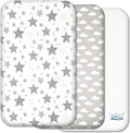 Next to Me Crib Sheets - 3pc Crib Fitted Sheet Set - 2 Fitted Cotton Sheets and 1 Waterproof Mattress Protector for Bedside Cribs - 100% Organic Cotton - Made in Europe (Grey Stars&Clouds, 83x50cm)