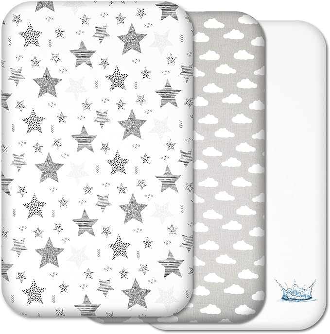 Next to Me Crib Sheets - 3pc Crib Fitted Sheet Set - 2 Fitted Cotton Sheets and 1 Waterproof Mattress Protector for Bedside Cribs - 100% Organic Cotton - Made in Europe (Grey Stars&Clouds, 83x50cm)