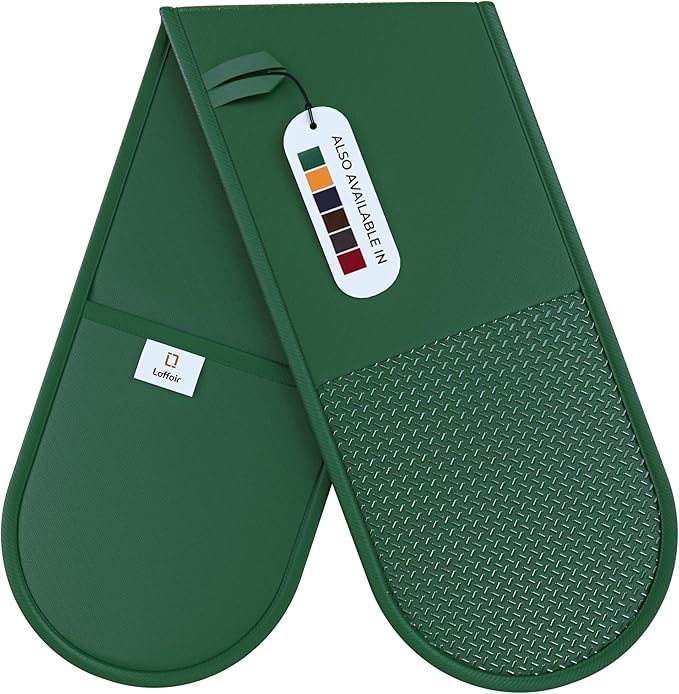 Green Oven Gloves Double by Laffair® - Green Kitchen Accessories - Non-Slip Silicone Grip Double Oven Glove Heat Resistant