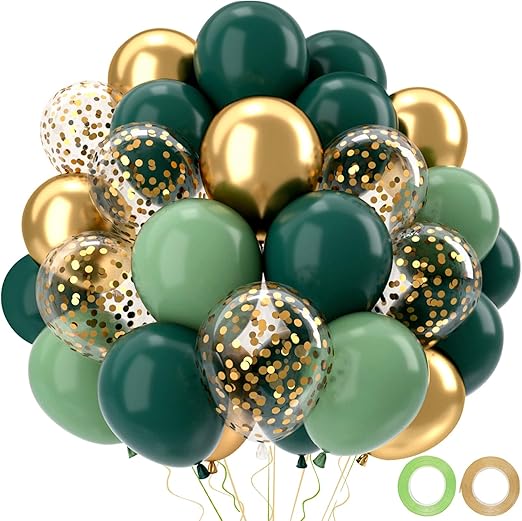 QIFU Sage Green and Gold Balloons Set, 52pcs Olive Dark Green Balloons Metallic Golden Balloon with Gold Confetti Balloon for Jungle Theme Birthday Party Decoration Christening Anniversary Baby Shower