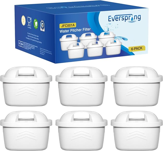 EVERSPRING Water Filter Cartridges, Compatible with Brita Maxtra+, Maxtra Plus, Maxtra Pro All-in-1, Brita Marella Jug, Kettle, Mavea, Anna Duomax, Reduce PFAS and Limescale, TÜV SÜD, 6 Pieces
